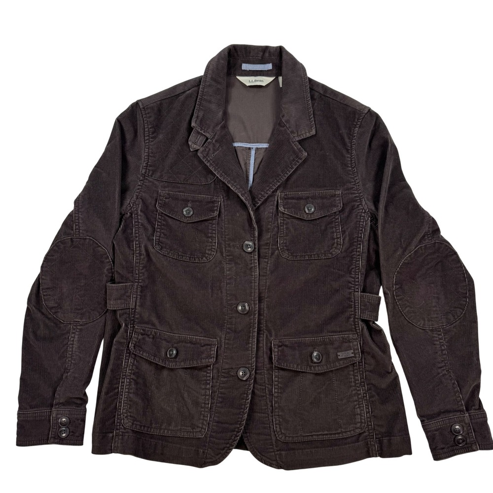 LL Bean Womens Brown Corduroy Field Jacket Elbow Patch Utility Blazer 291341 S
